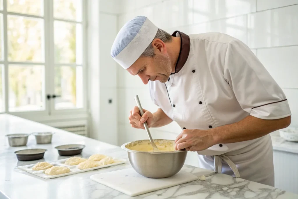 A baker testing cake batter with a spoon to ensure smooth consistency before baking, preventing white spots, in a bright white kitchen.