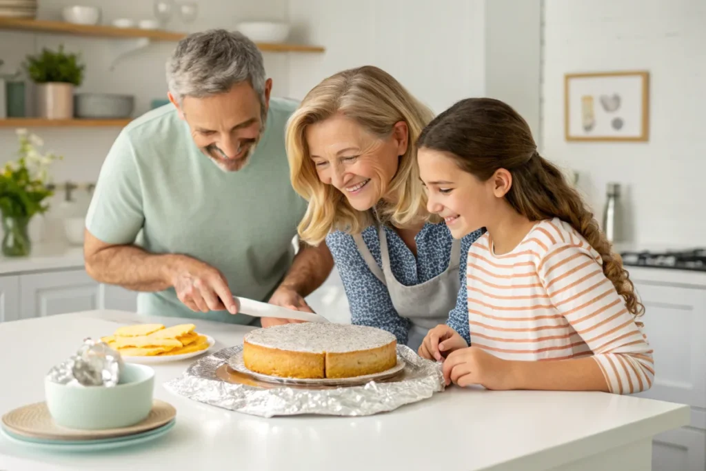 A family gathered around a white kitchen table, slicing into a moist cake that was covered with aluminum foil after baking, creating a warm and joyful moment.