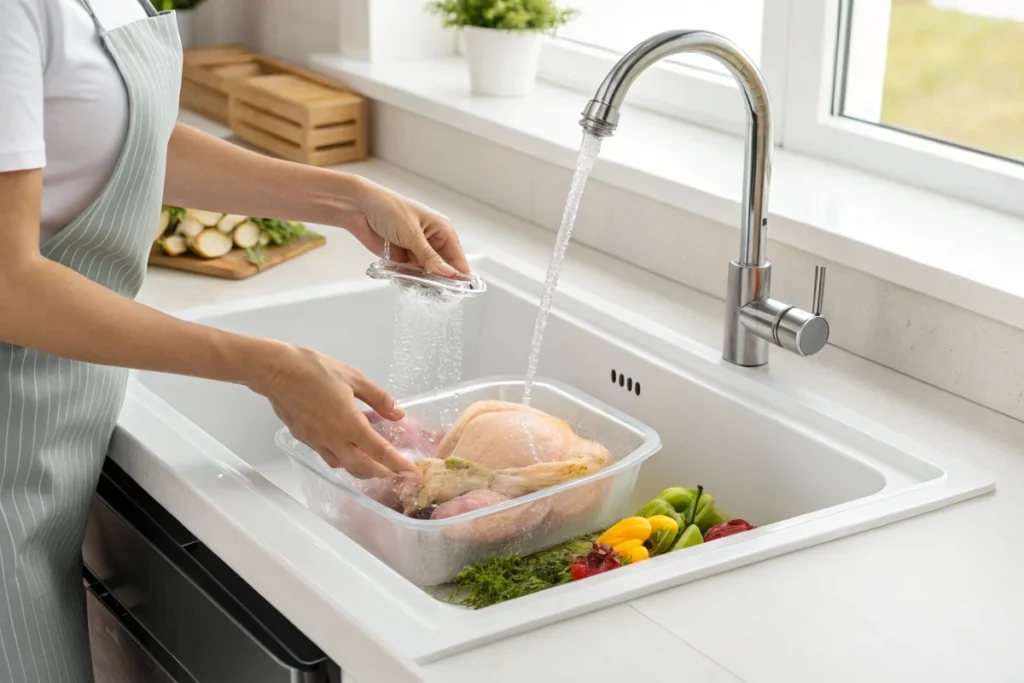 A person rinsing a whole chicken in a vacuum-sealed bag under running water in a kitchen sink