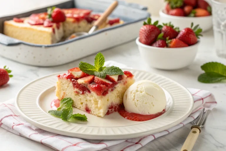 A slice of strawberry tres leches cake on a white plate, served with a scoop of vanilla ice cream and fresh mint, placed on a white kitchen island.