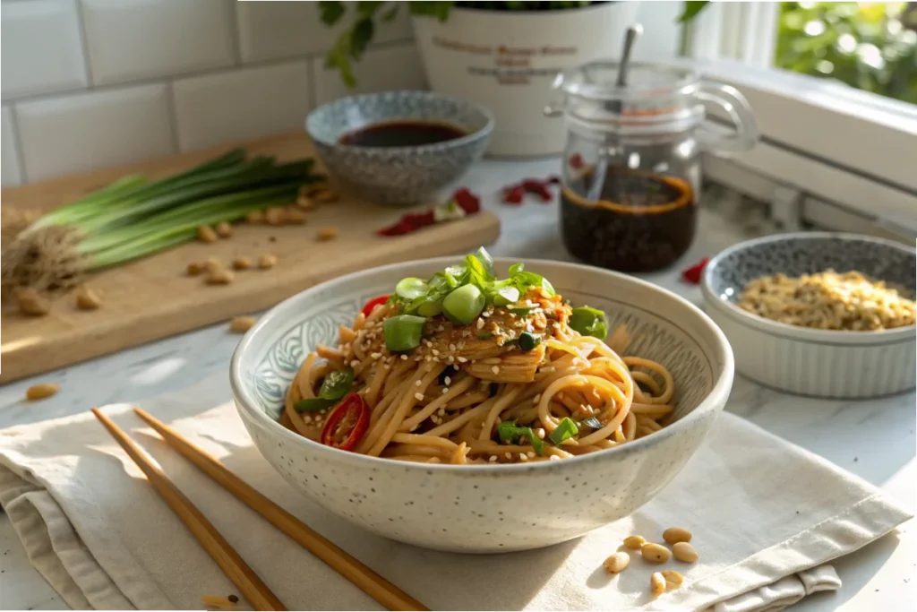 A bowl of peanut butter noodles garnished with scallions and sesame seeds on a white kitchen table, showcasing its role as TikTok’s favorite ingredient.