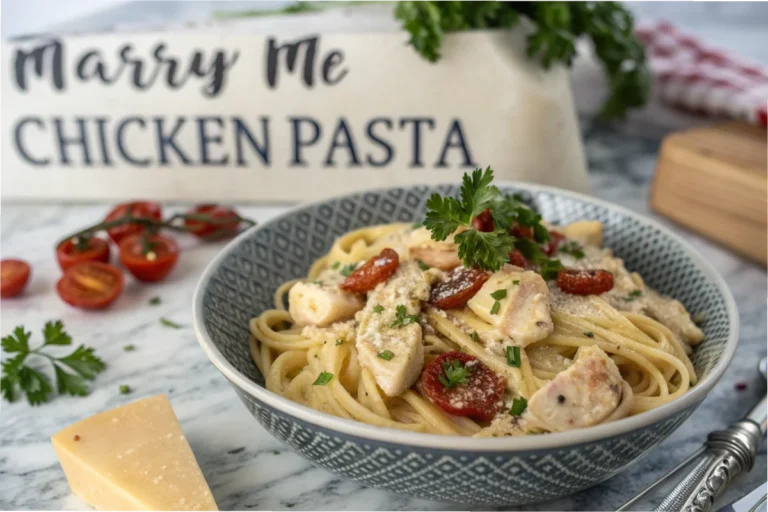 A creamy bowl of Marry Me Chicken Pasta garnished with parsley and sun-dried tomatoes on a marble countertop with Parmesan nearby.