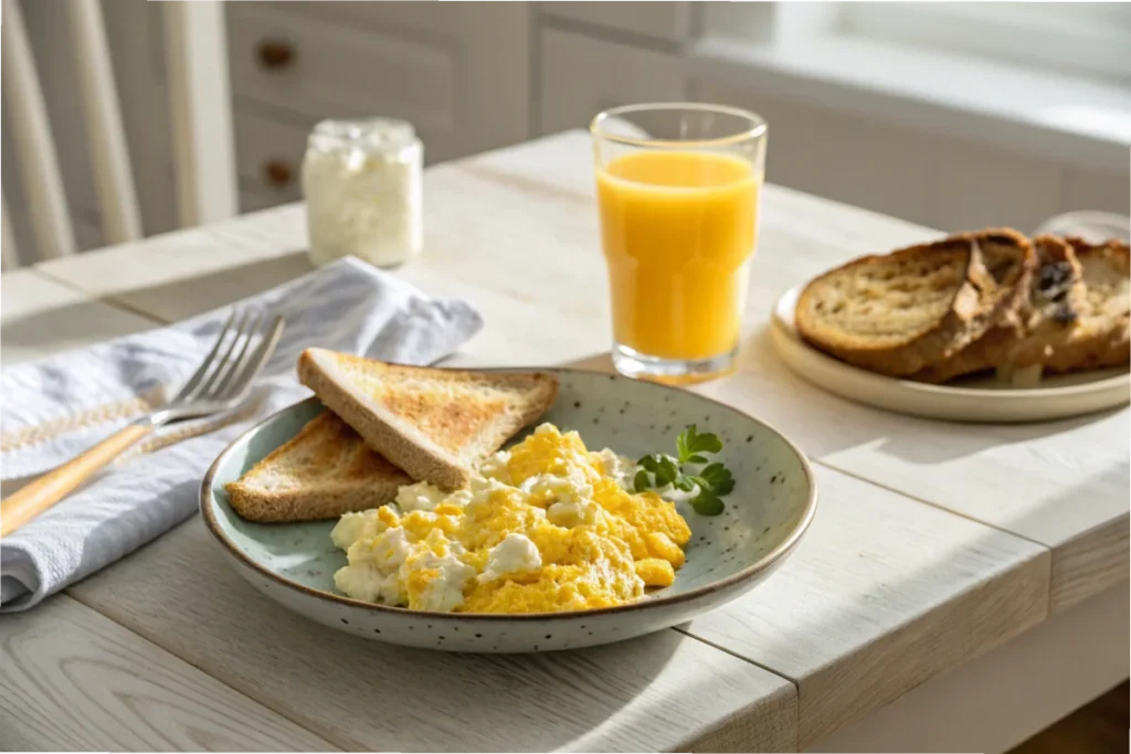 Scrambled eggs with cottage cheese served with toast and orange juice on a wooden table in a white kitchen.