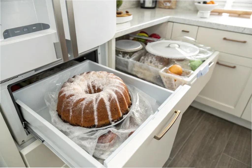 A wrapped Bundt cake stored in a freezer drawer in a white kitchen, ensuring it stays fresh for longer.