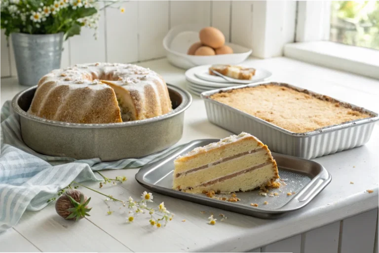 A domed cake and an evenly baked flat cake on a counter, showcasing the effectiveness of cake strips in a white kitchen.