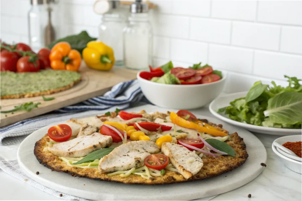 A cauliflower crust fiestada pizza with taco-seasoned turkey and fresh veggies on a plate in a bright white kitchen.