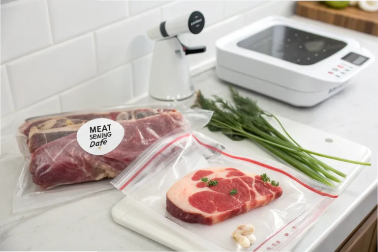 Vacuum-sealed meat with a clear label, showing freshness and proper sealing in a bright white kitchen.