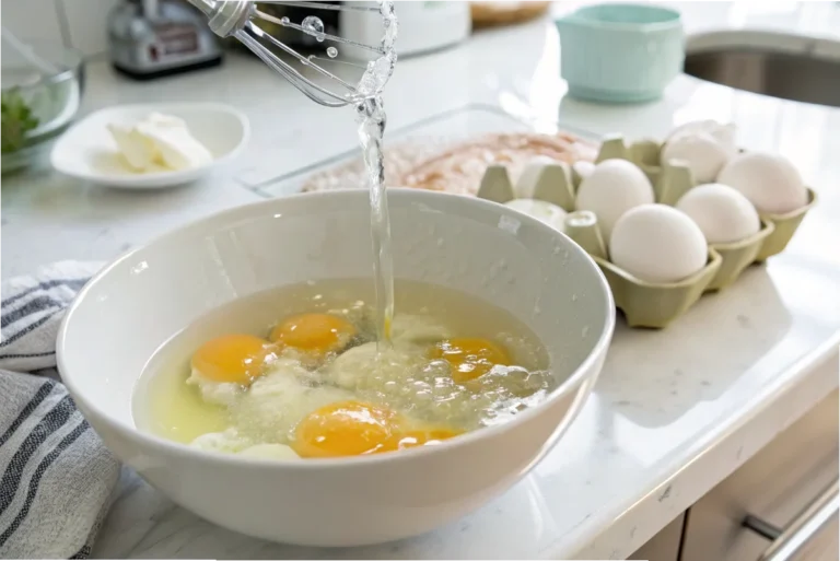 A bowl of store-bought egg whites displaying their watery texture on a white kitchen counter.