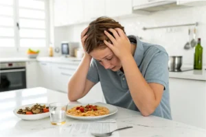 Person experiencing a headache after eating, sitting in a white kitchen with a plate of processed food on the table.