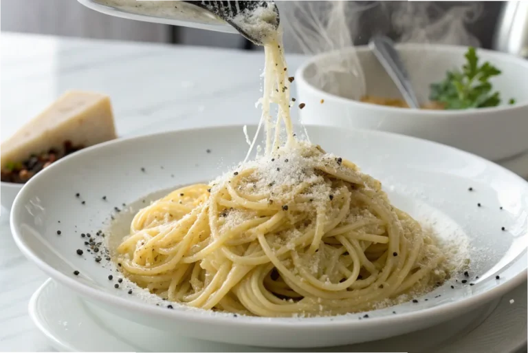 A plate of Cacio e Pepe with a creamy, science-backed sauce, served in a bright white kitchen.