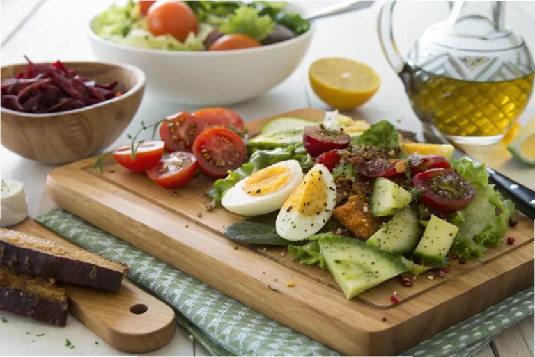 A colorful salad made with roam food ingredients like pasture-raised eggs and organic vegetables in a white kitchen.