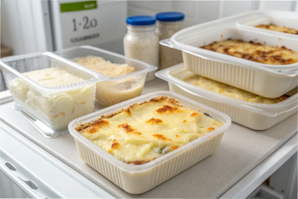 Airtight containers filled with potato gratin ready for freezing, displayed on a countertop in a white kitchen.