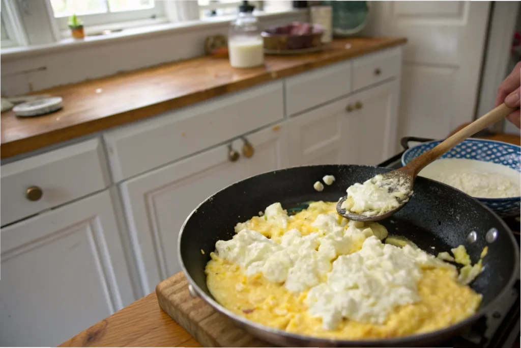 Close-up of scrambled eggs and cottage cheese cooking in a pan, highlighting the creamy texture in a bright white kitchen.