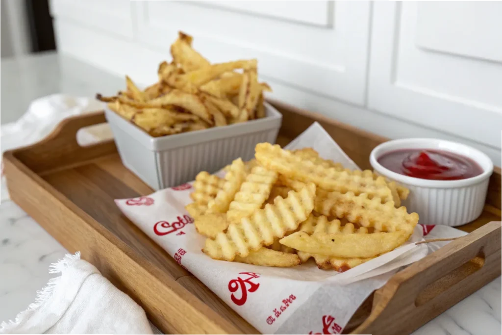 Chick-fil-A waffle fries on a wooden tray with ketchup, displayed in a clean white kitchen.