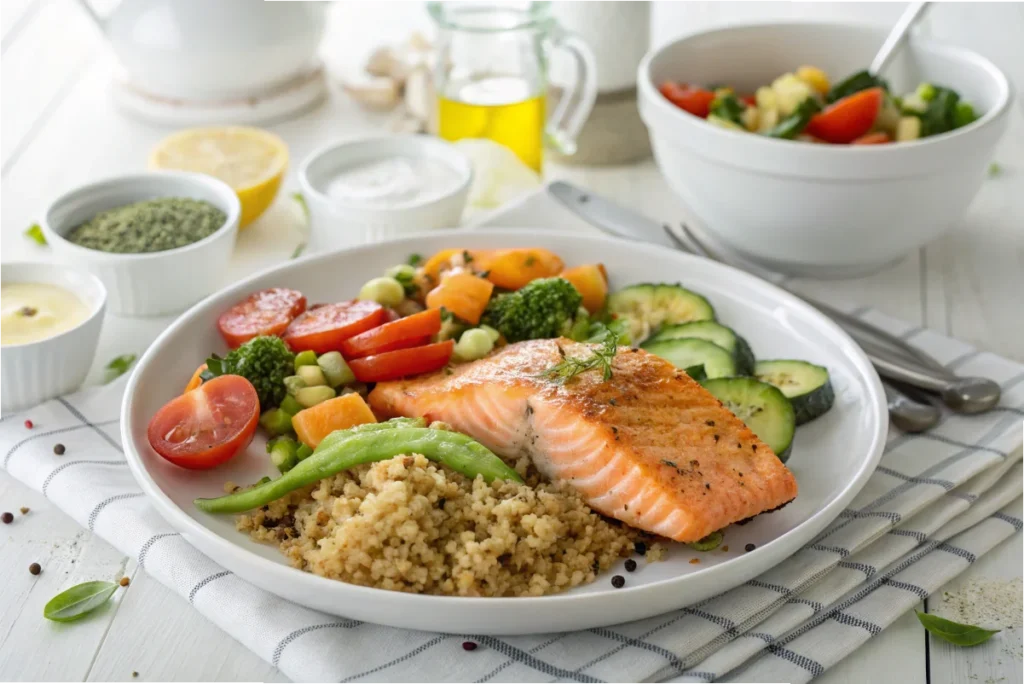 A healthy, mood-boosting meal of salmon, quinoa, and vegetables on a white plate in a well-lit white kitchen.