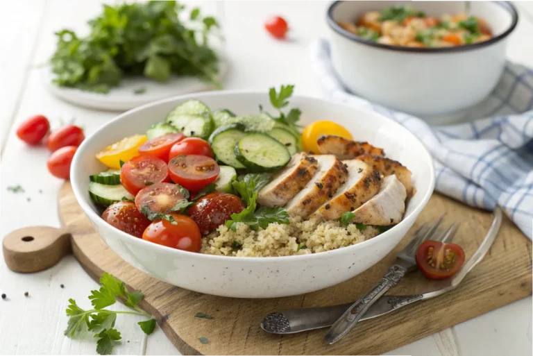 Vibrant Mediterranean quinoa bowl with cherry tomatoes, cucumbers, and grilled chicken in a white kitchen.