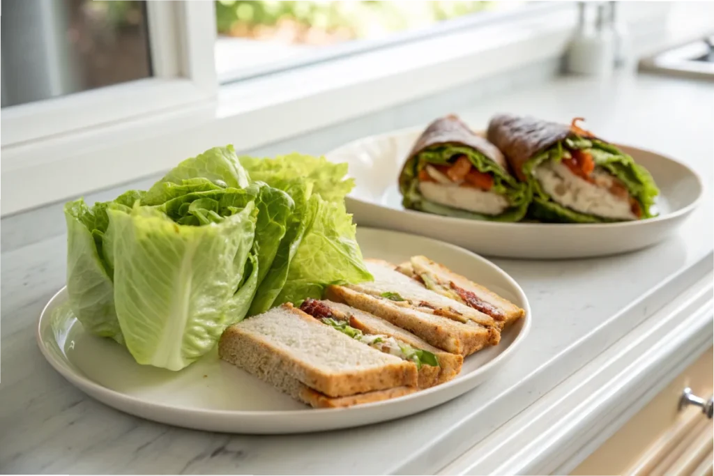 A plate featuring a lettuce wrap and a sandwich side-by-side with identical fillings, displayed on a white kitchen counter.