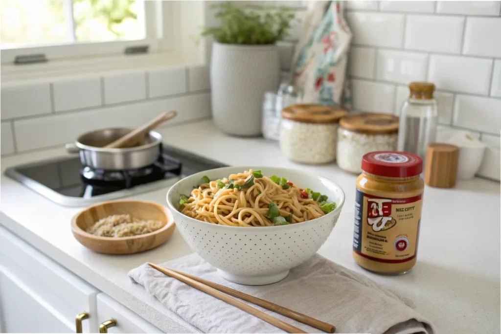 Instant noodles with a jar of peanut butter in a bright white kitchen, highlighting TikTok’s trending ingredient.