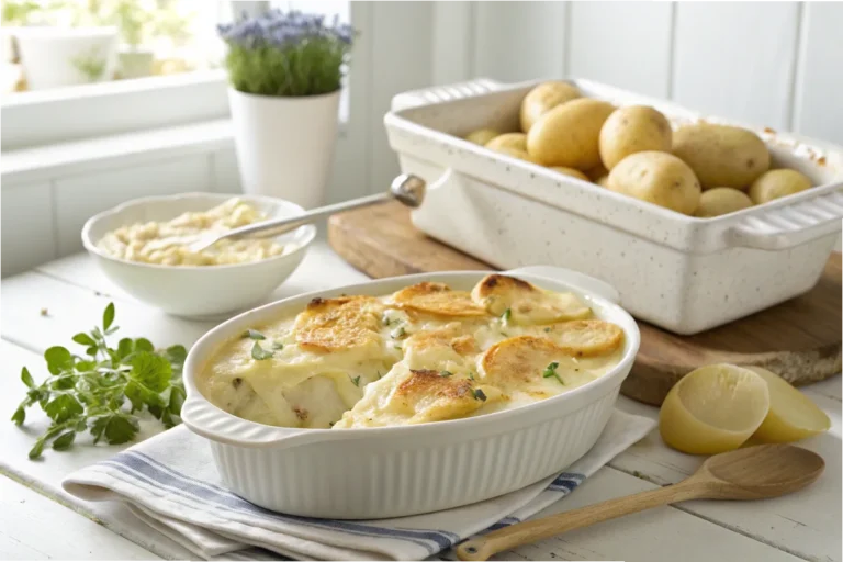 A creamy serving of dauphinoise potatoes in a white casserole dish in a bright kitchen.