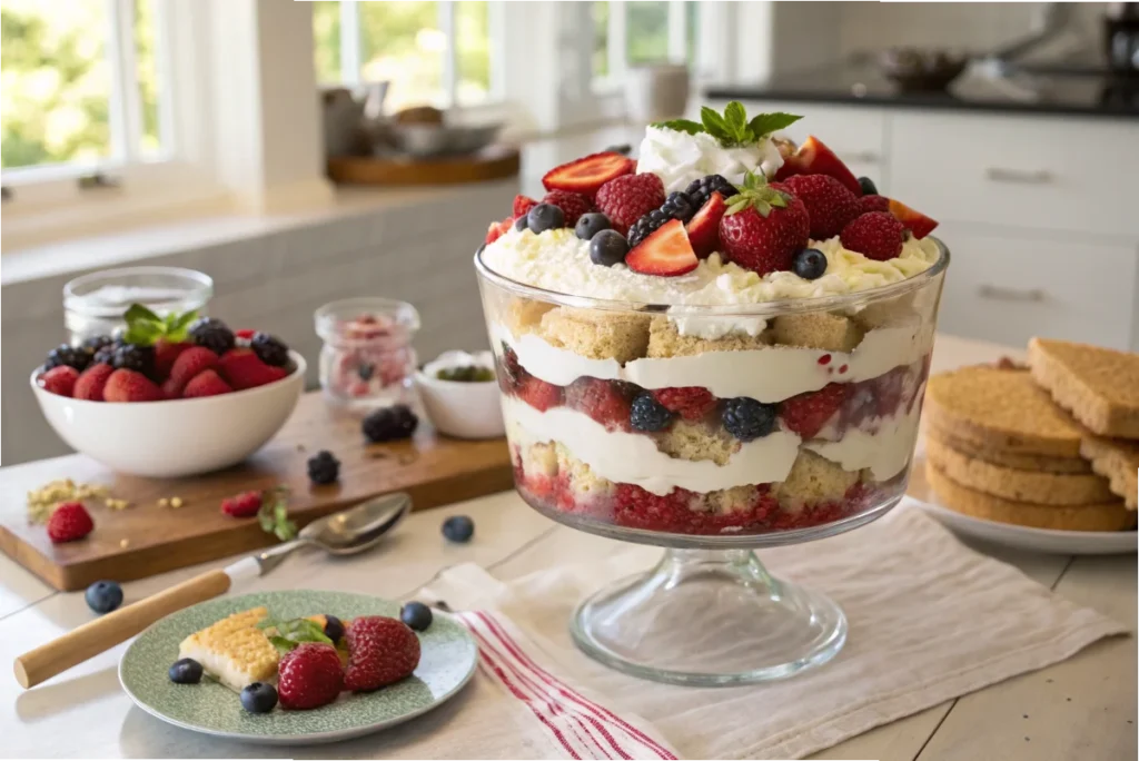 A glass trifle dish with crumbled tres leches cake, whipped cream, and berries in a white kitchen, showcasing a creative way to save a collapsed cake.