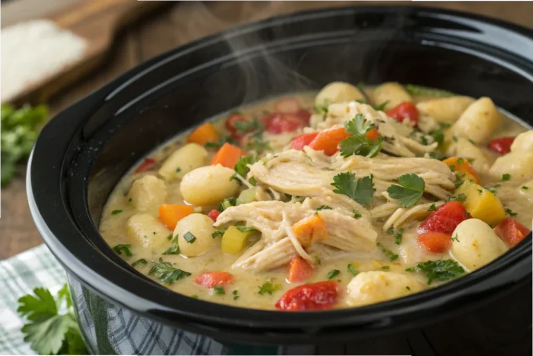 Crockpot filled with creamy chicken and gnocchi, garnished with parsley.