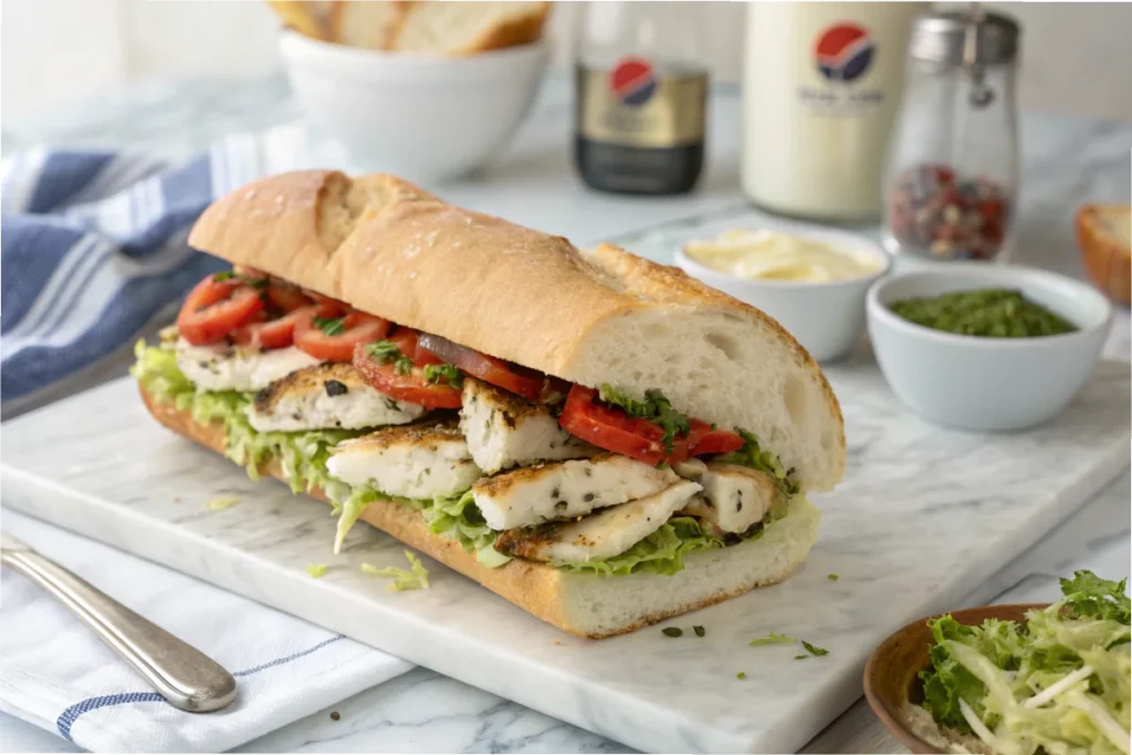 A grilled chicken sandwich on gluten-free bread in a clean white kitchen.