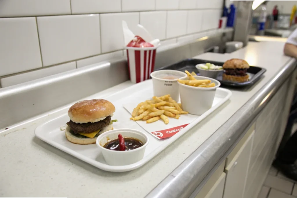 A small fast-food meal on a white counter, showcasing the calorie-dense nature of little big meals in a bright kitchen.