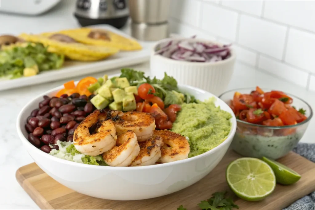 A gluten-free taco bowl with beans, lettuce, guacamole, and grilled shrimp, arranged on a clean countertop in a white kitchen.