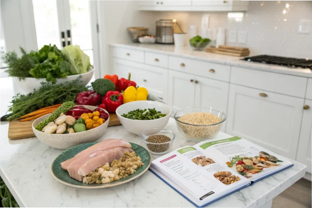 Fresh ingredients for roam diet recipes, including grains and vegetables, styled in a bright white kitchen.