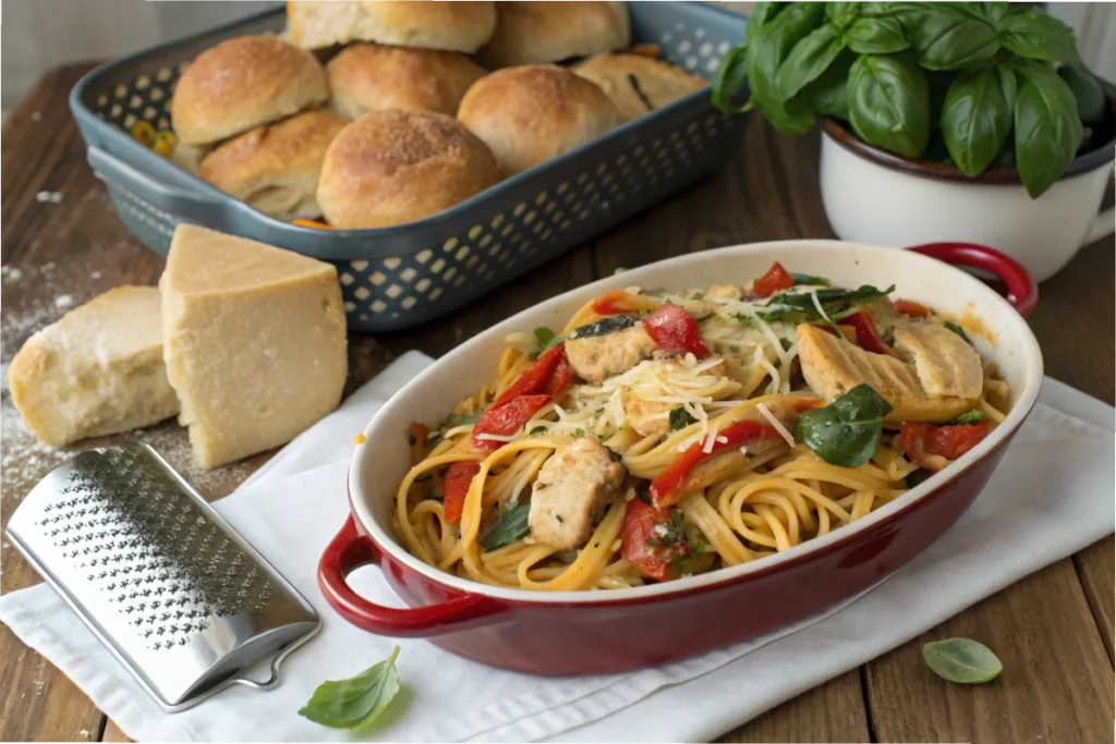 A family-style dish of Marry Me Chicken Pasta with bread rolls and basil in a cozy white kitchen.