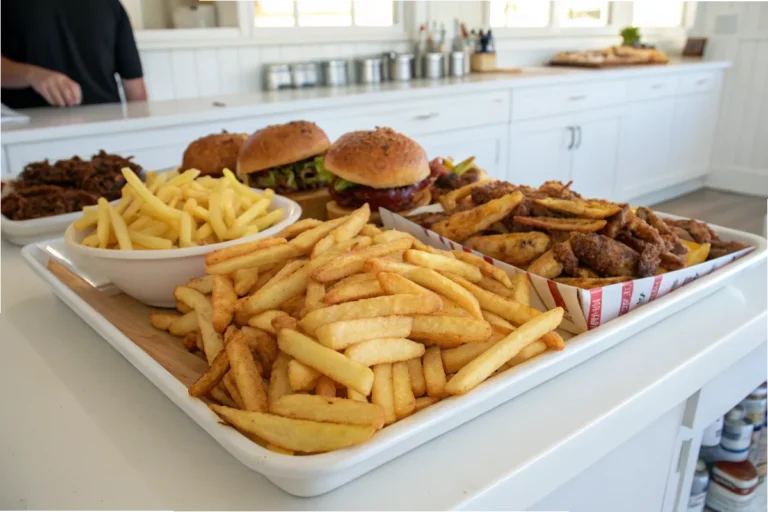 A platter of fries from various fast-food chains, arranged in a white kitchen with natural lighting.