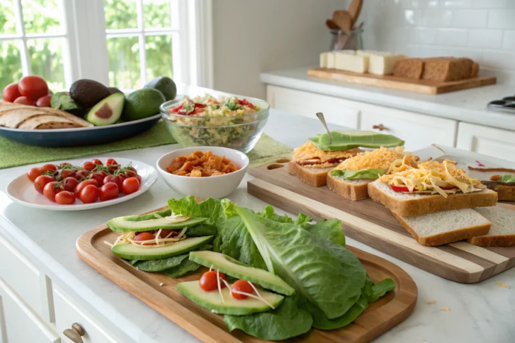 A family table featuring homemade lettuce wraps and sandwiches with various toppings, captured in a cozy white kitchen.