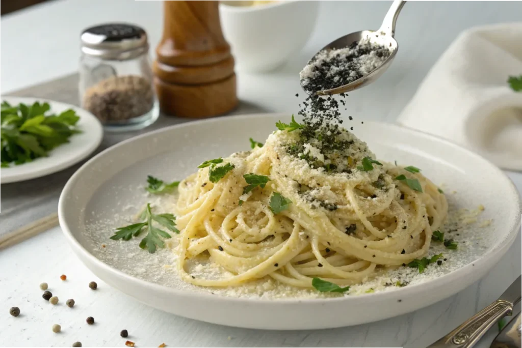 Physicists' perfect Cacio e Pepe dish served with creamy sauce and black pepper garnish on a white table.