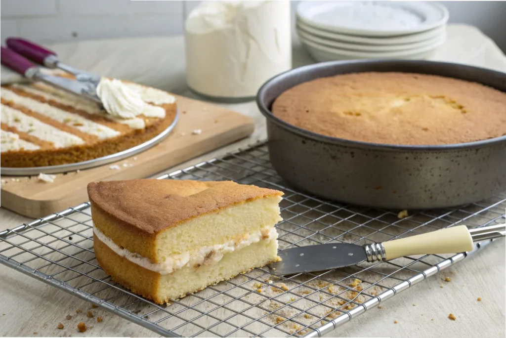 An evenly baked flat cake on a cooling rack with a cake strip nearby, highlighting perfect results using cake strips in a white kitchen.