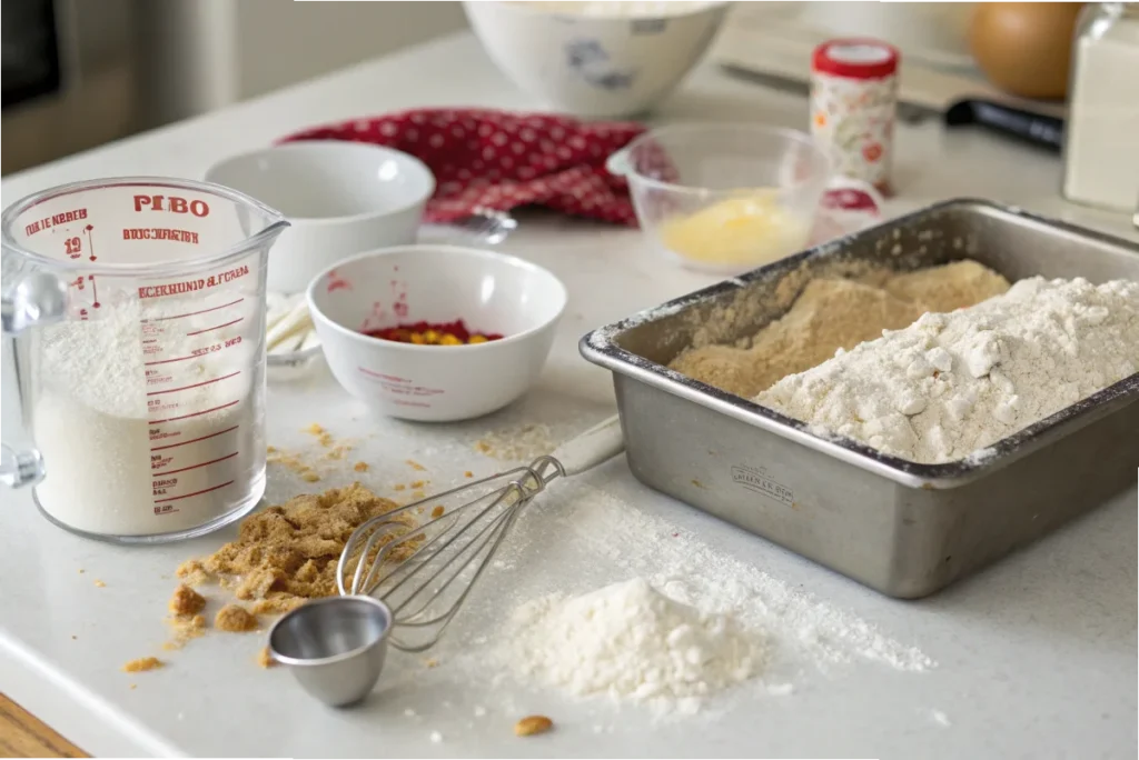 Baking tools and ingredients on a white countertop, illustrating common mistakes that can cause tres leches cake to collapse.