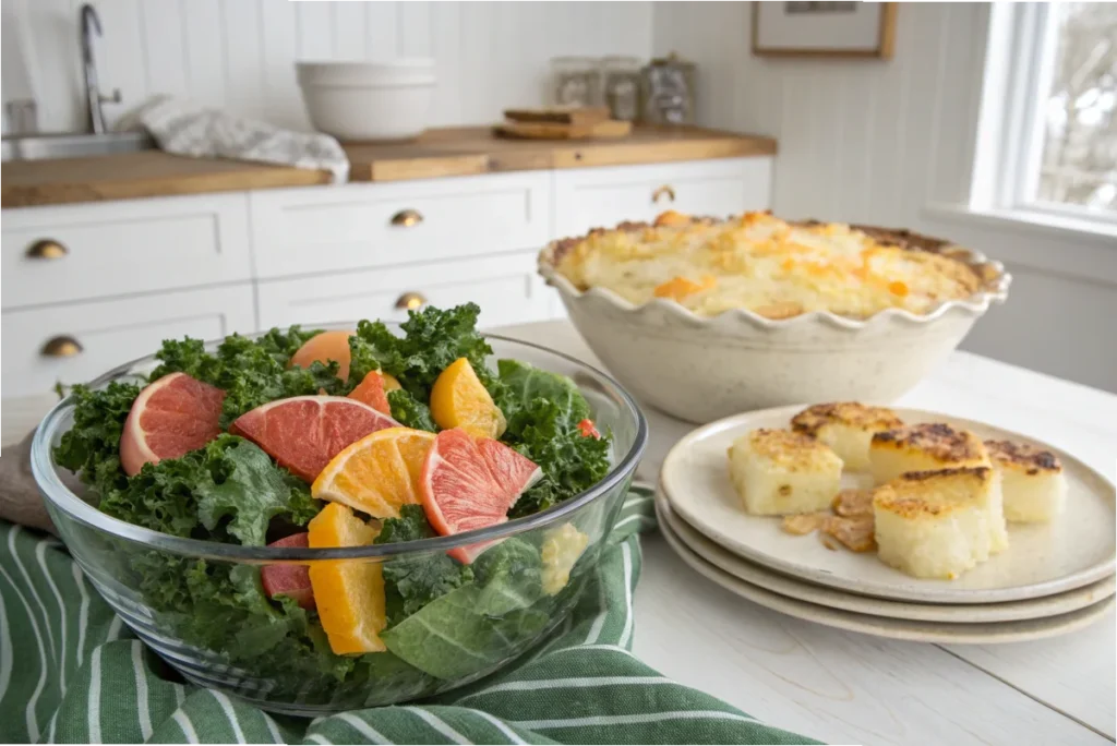 A bright kale and citrus salad paired with dauphinoise potatoes on a countertop.