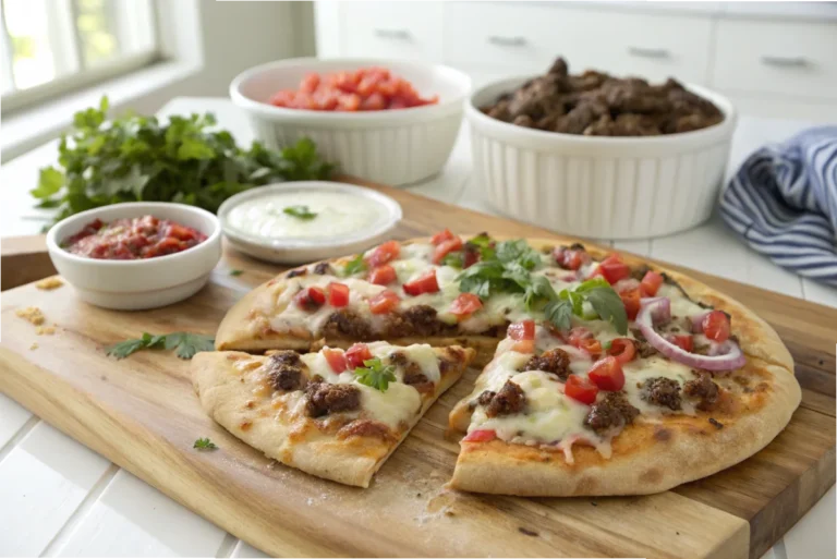 A freshly baked fiestada pizza with taco-seasoned beef and melted cheese on a wooden cutting board in a bright white kitchen.