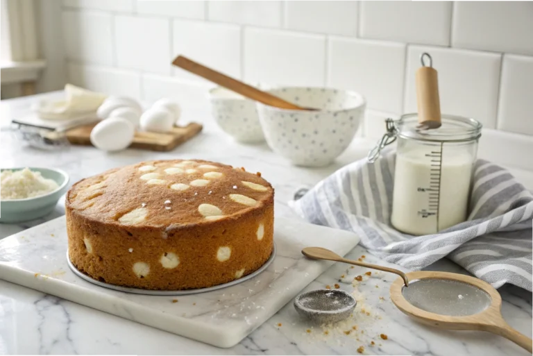 A freshly baked vanilla cake with white spots on the surface in a bright white kitchen, illustrating uneven mixing issues.