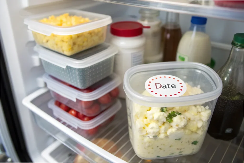 Scrambled eggs with cottage cheese in an airtight container, labeled and stored in a fridge.