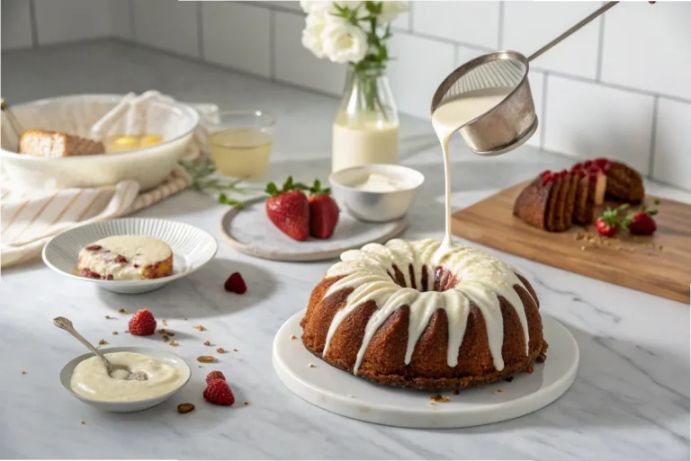 A freshly unboxed Nothing Bundt Cake with cream cheese frosting on a white marble countertop in a white kitchen.