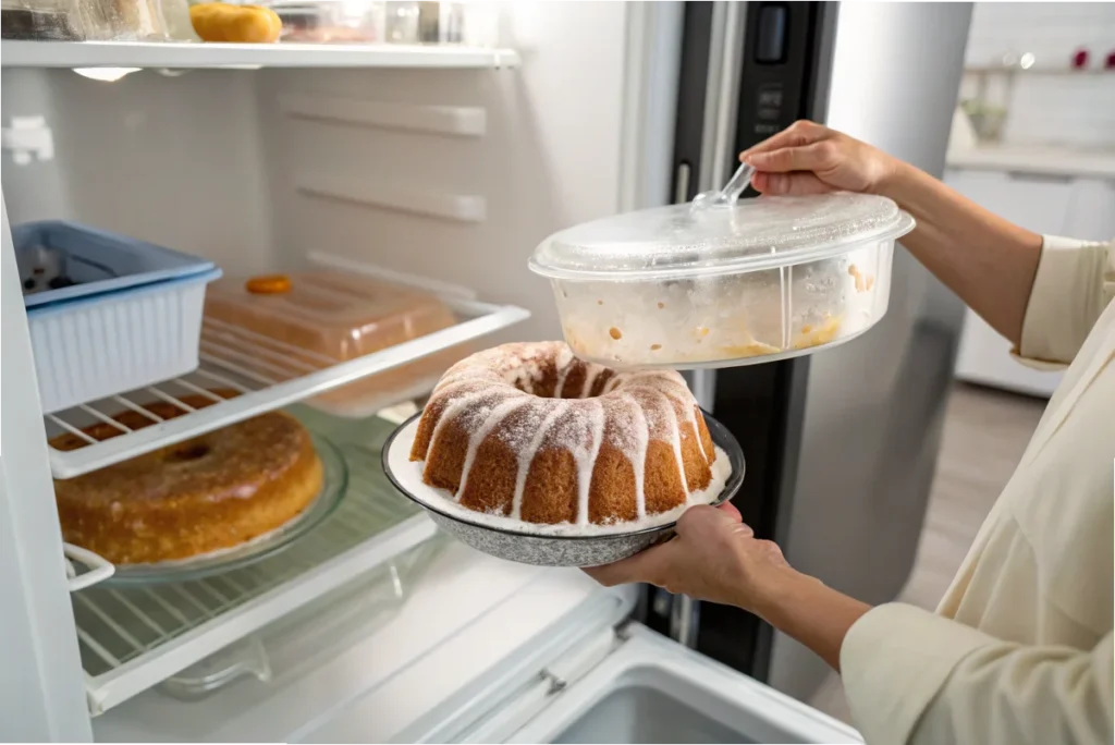 A frosted Nothing Bundt Cake being taken out of the fridge in a white kitchen for serving.