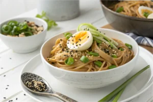 Peanut butter noodles topped with scallions and a soft-boiled egg in a bright white kitchen, inspired by TikTok’s viral recipes.