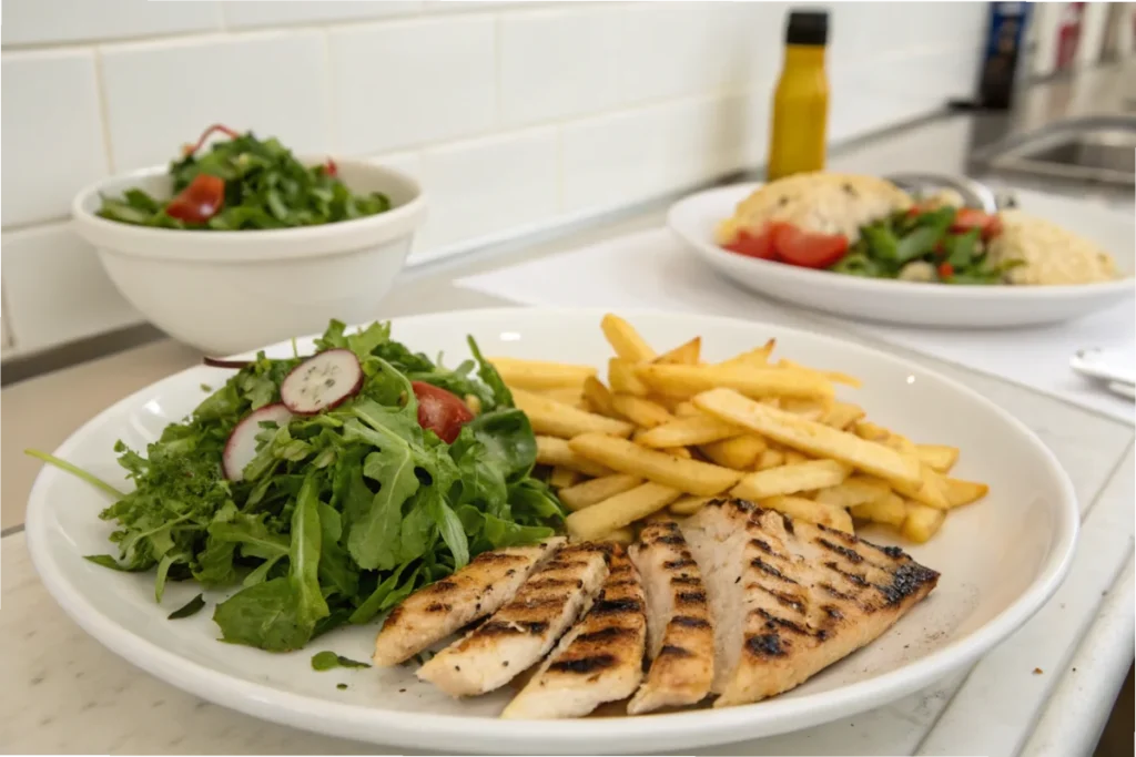 A gluten-free meal with grilled chicken, a green salad, and iced drink, set in a minimalist white kitchen.