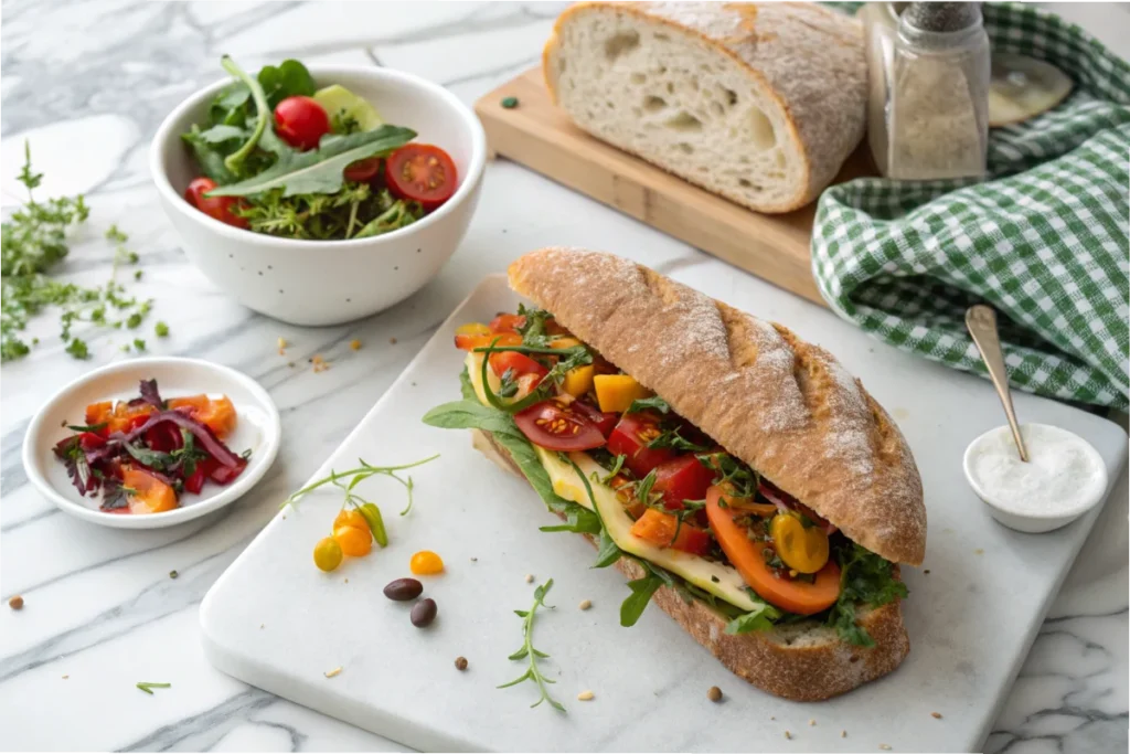 A gluten-free sandwich with fresh vegetables and a side salad, styled on a marble countertop in a bright white kitchen.