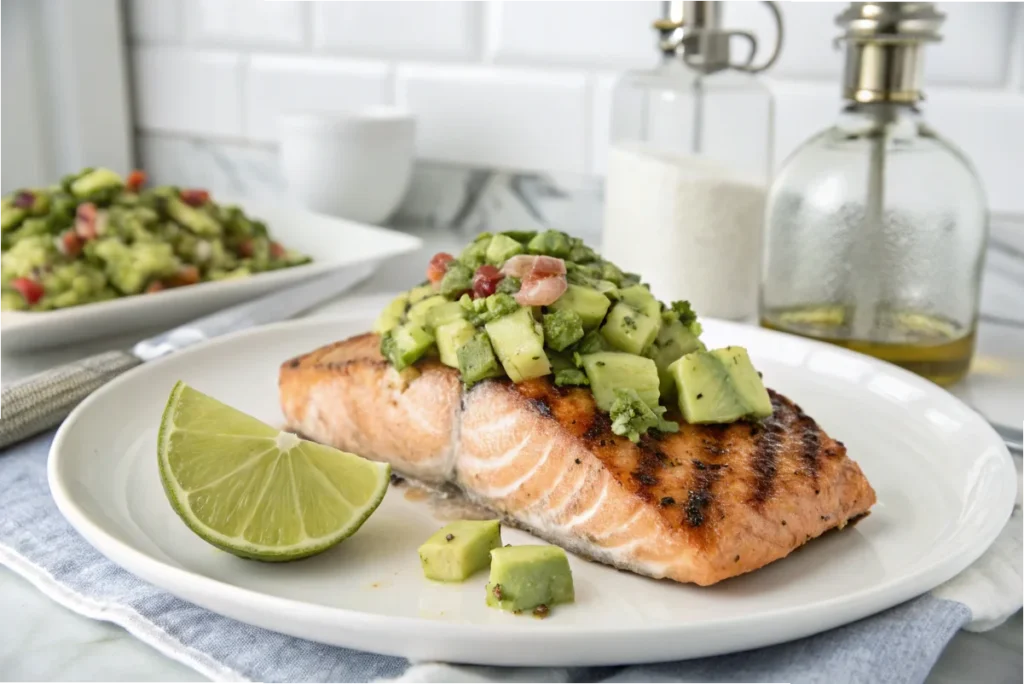 Grilled salmon topped with fresh avocado salsa, styled in a modern white kitchen.