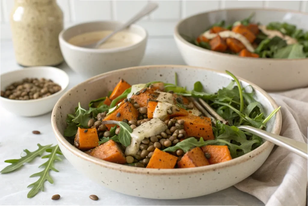 Healthy roasted vegetable and lentil salad with sweet potatoes and tahini dressing in a white kitchen.