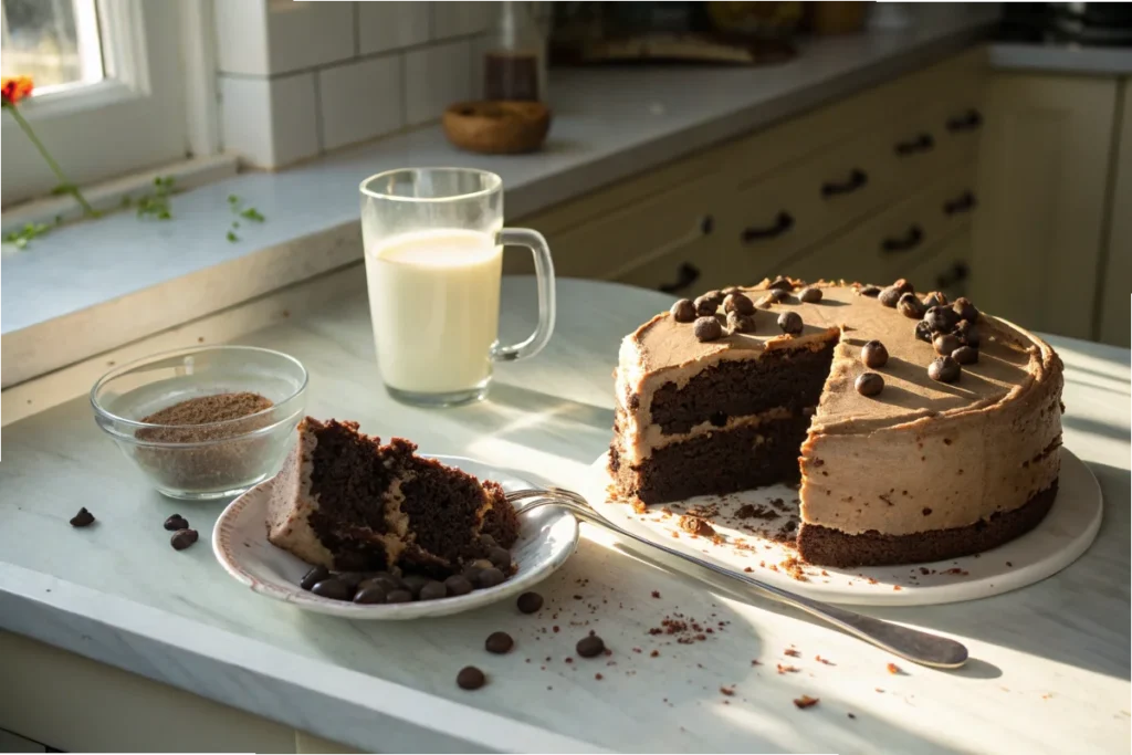 Half-eaten chocolate cake and milk on a white counter in a brightly lit kitchen, symbolizing the effects of sugar on energy.