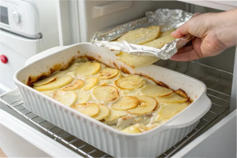 A potato gratin in a white dish being covered with foil before placing it in the freezer, set in a white kitchen.