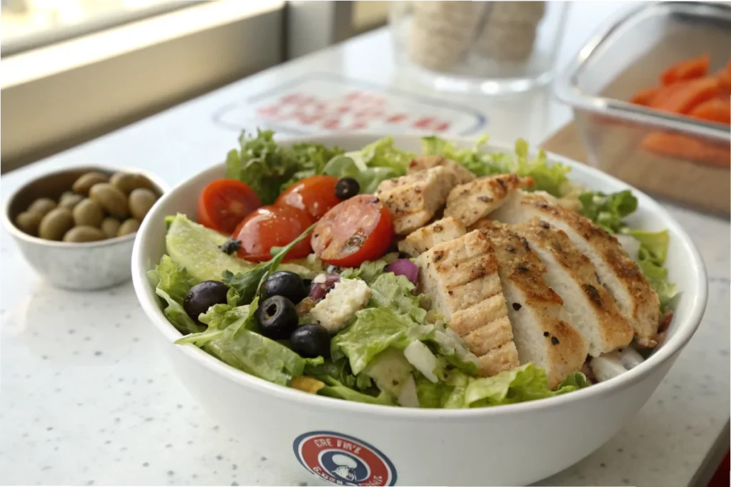 A fresh and vibrant gluten-free salad bowl in a bright kitchen.