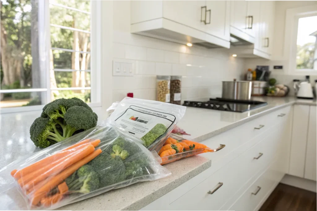 Vacuum-sealed bag of fresh vegetables labeled for storage, placed on a clean white kitchen countertop with natural lighting.